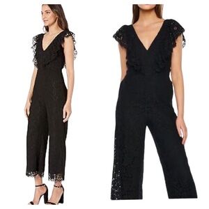 Bardot Women's Black Lace Ruffle‎ Sleeve Jumpsuit V neck zip back 2…